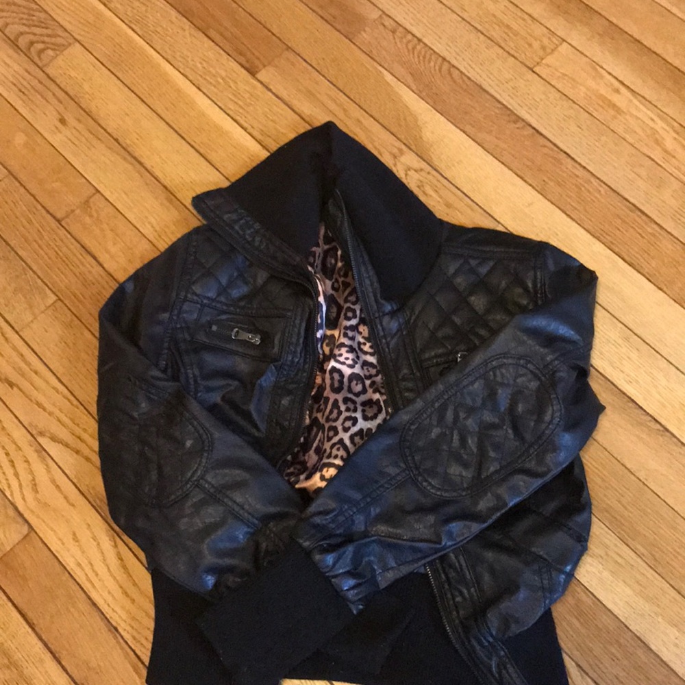 Faux leather bomber jacket.